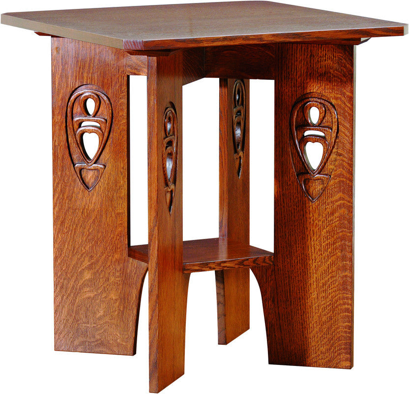Wooden side table with decorative carvings--the Stickley Argyle Street End table. 