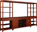 Wooden entertainment center with shelves and drawers on a white background