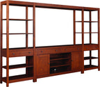 Wooden entertainment center with shelves and drawers on a white background