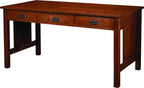 Stickley work table in oak wood desk with three drawers.