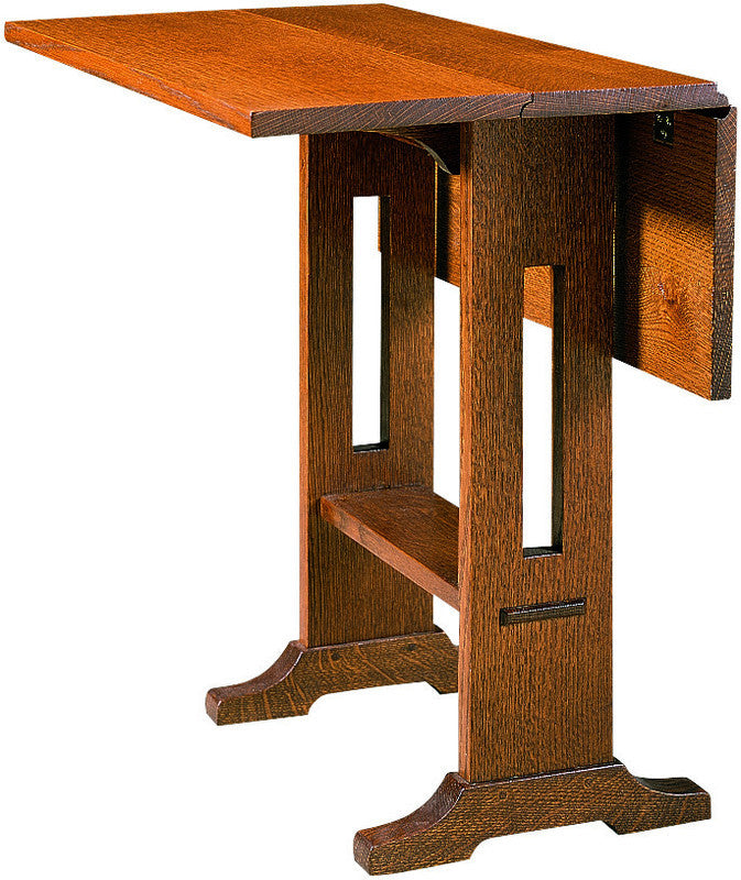 Wooden drop-leaf table on a white background. 