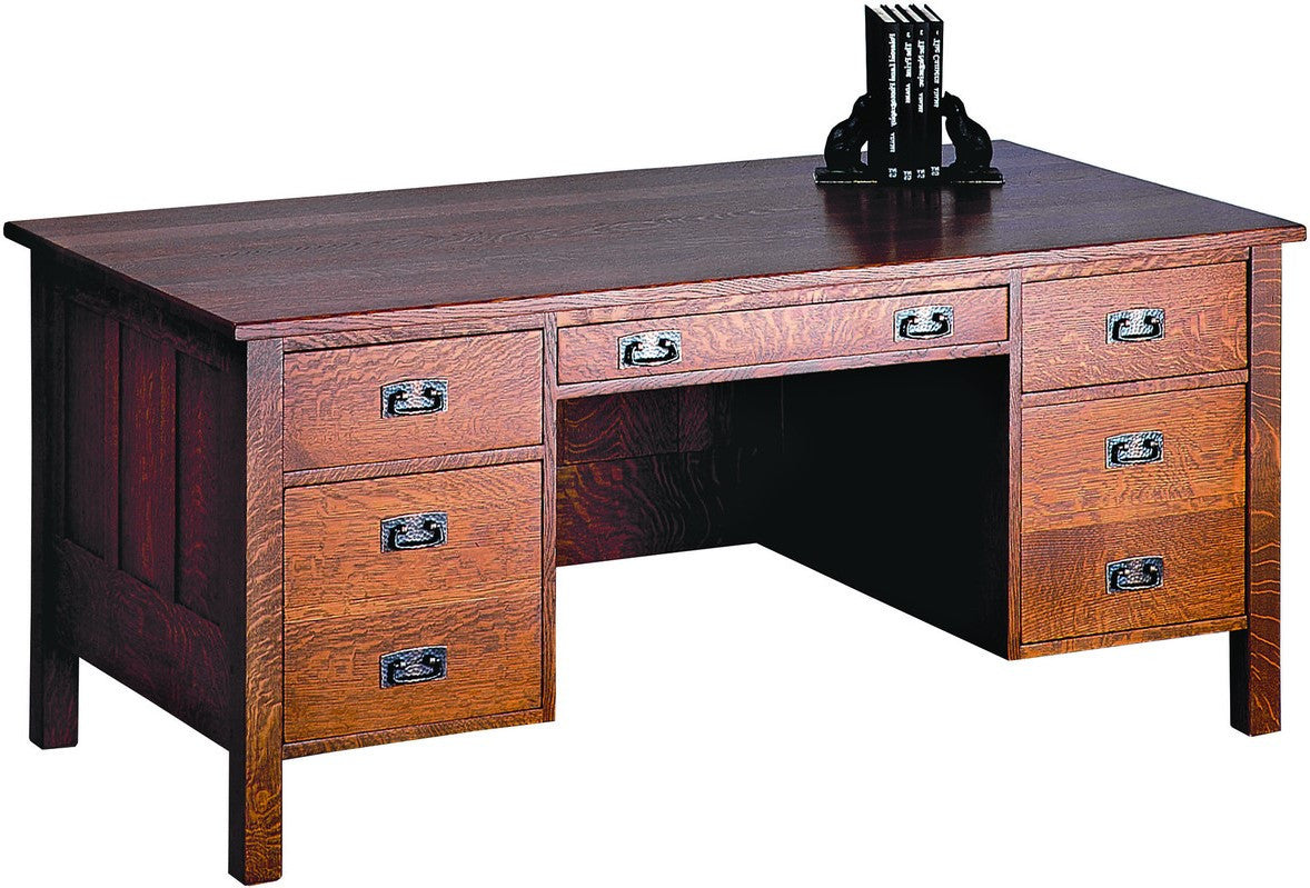 Wooden desk with multiple drawers.