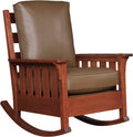 Wooden rocking chair with brown leather seat and backrest on a white background
