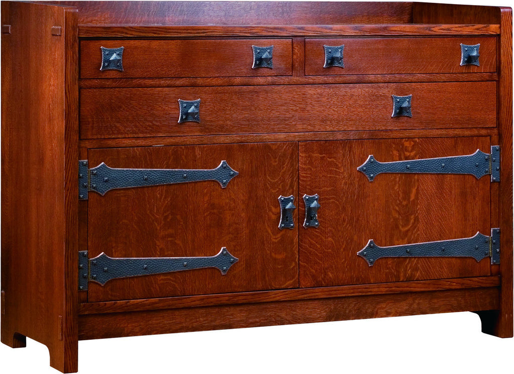Wooden dresser with metal handles on a white background