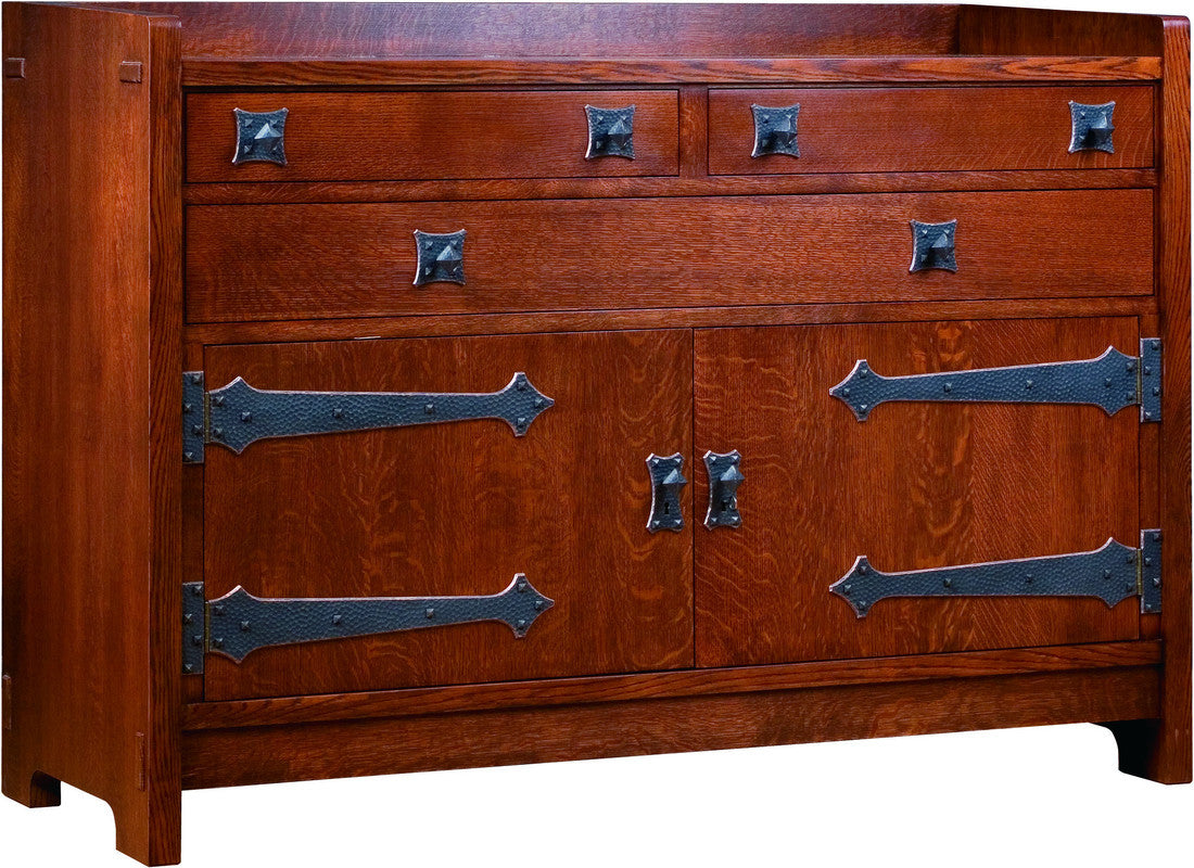 Wooden dresser with metal handles on a white background