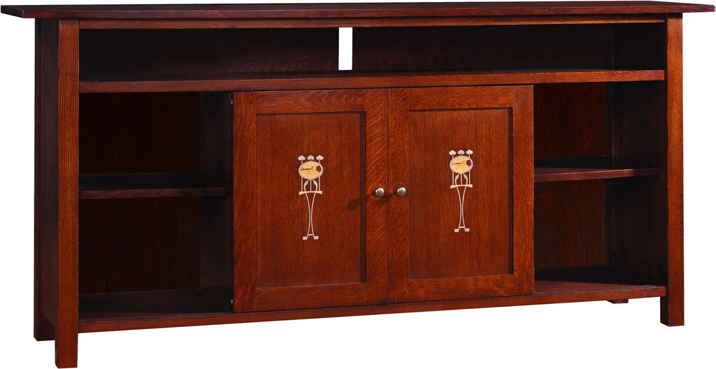 Wooden entertainment console with shelves and doors on a white background. Stickley Harvey Ellis Entertainment Console
