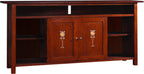 Wooden entertainment console with shelves and doors on a white background. Stickley Harvey Ellis Entertainment Console
