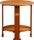 Wooden round table with a shelf on a white background
