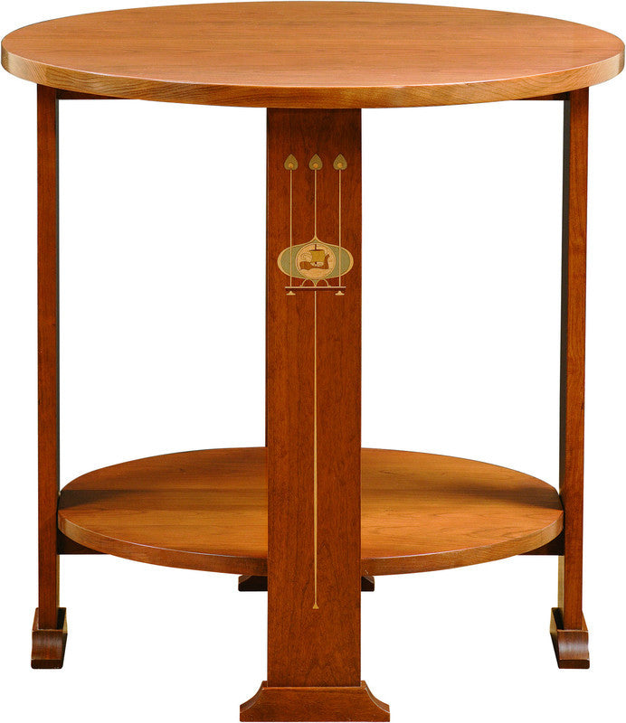 Wooden round table with a shelf on a white background
