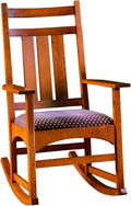 Wooden rocking chair with a patterned cushion on a white background