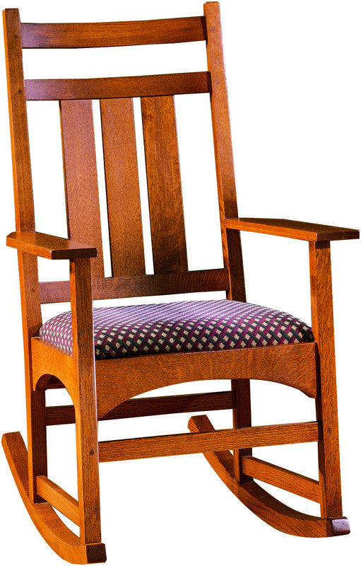 Wooden rocking chair with a patterned cushion on a white background