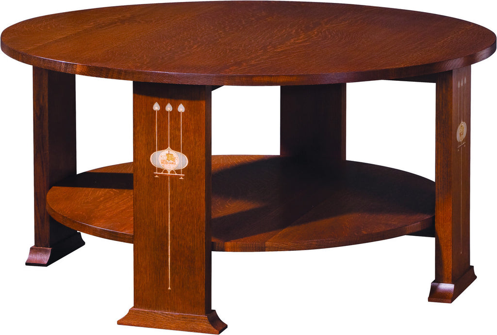 Wooden round table with a decorative design on a white background