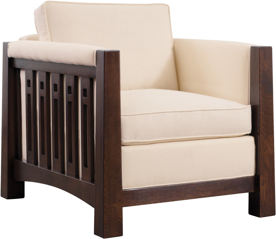Beige armchair with wooden frame on a white background