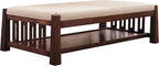Wooden cocktail table and ottoman with beige cushion on a white background.