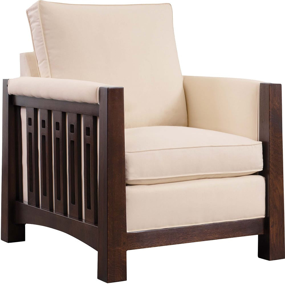 Beige armchair with wooden frame on a white background--The Stickley Highlands High Back Chair. 