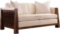 Beige sofa with wooden frame on a white background