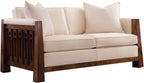 Beige sofa with wooden frame on a white background