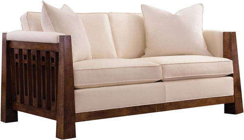 Beige sofa with wooden frame on a white background