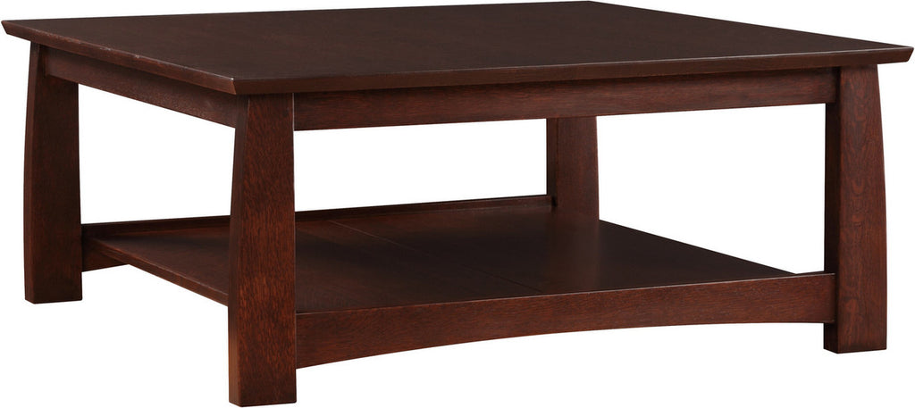 Dark brown wooden coffee table with a shelf on a white background.