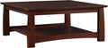 Dark brown wooden coffee table with a shelf on a white background.