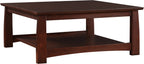 Dark brown wooden coffee table with a shelf on a white background.