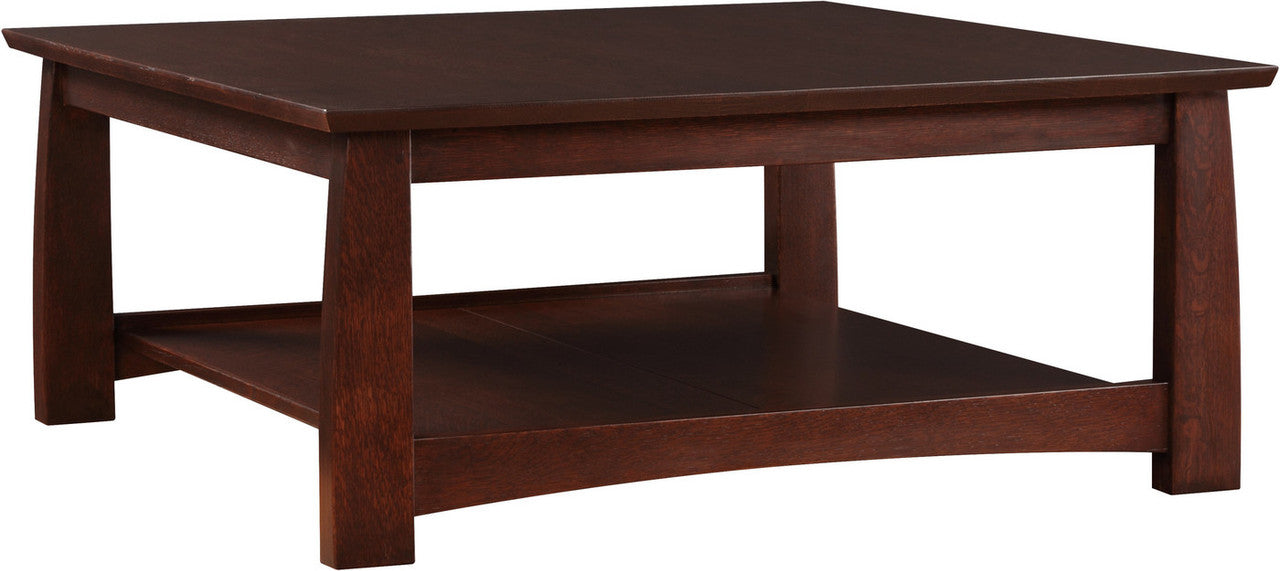 Dark brown wooden coffee table with a shelf on a white background.