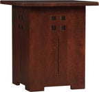 A mid-century modern wooden cabinet or side table with a warm reddish-brown finish, featuring a vertical handle, a four-square inset pattern near the top, and a flat top surface, shown against a plain white background.