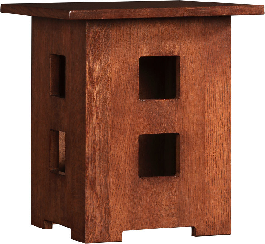 Wooden end table with square holes on a white background.