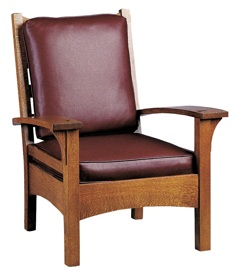 Wooden chair with a brown leather seat and backrest on a white background