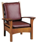 Wooden chair with a brown leather seat and backrest on a white background