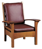 Wooden chair with a brown leather seat and backrest on a white background