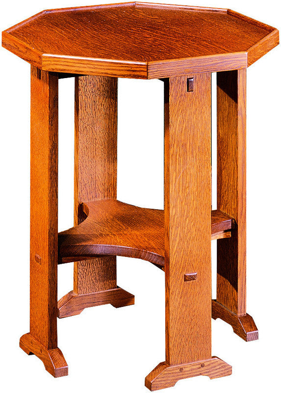 Wooden hexagonal side table on a white background
