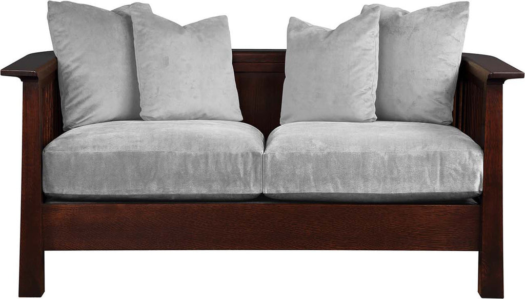 Wooden sofa with gray cushions on a white background