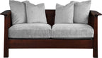 Wooden sofa with gray cushions on a white background