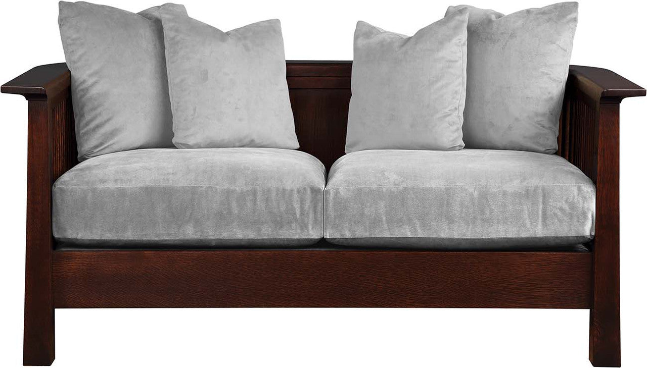 Wooden sofa with gray cushions on a white background