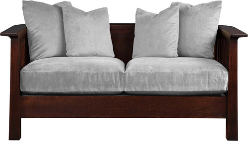 Wooden sofa with gray cushions on a white background