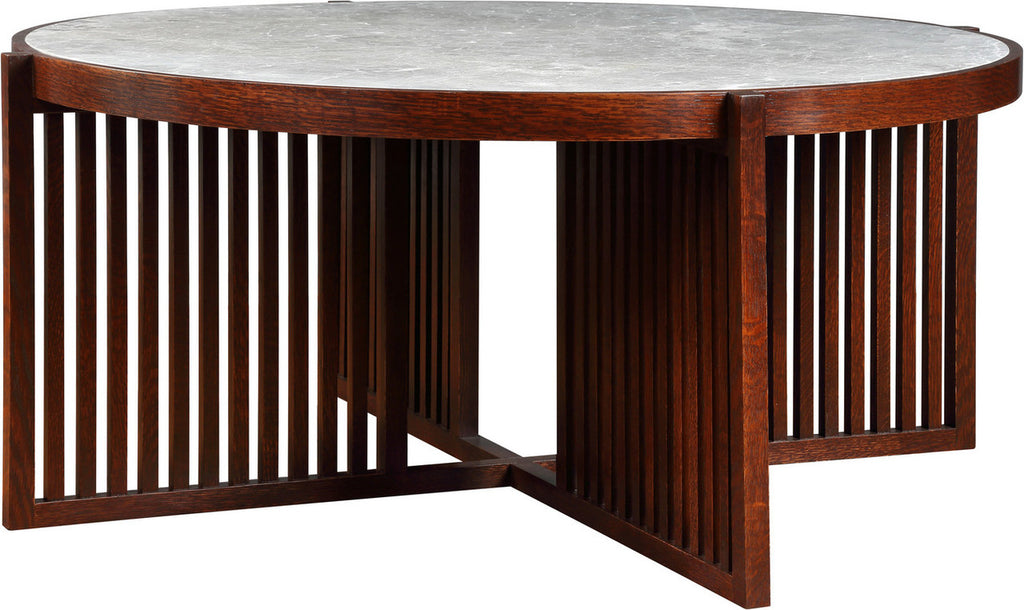 Wooden dining table with marble top on a white background