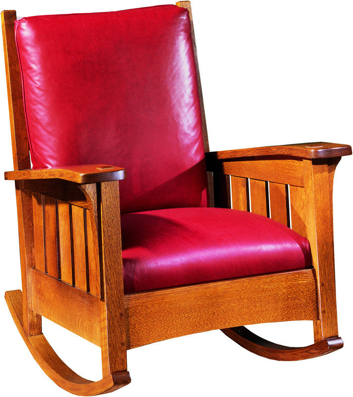 Wooden rocking chair with red leather seat and backrest on a white background