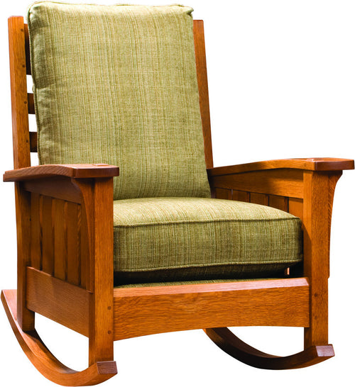 Wooden rocking chair with green cushion on a white background