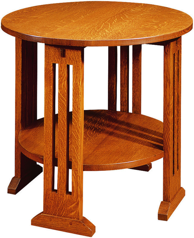 Wooden side table with a round top and shelf on a white background