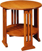 Wooden round side table with a shelf on a white background