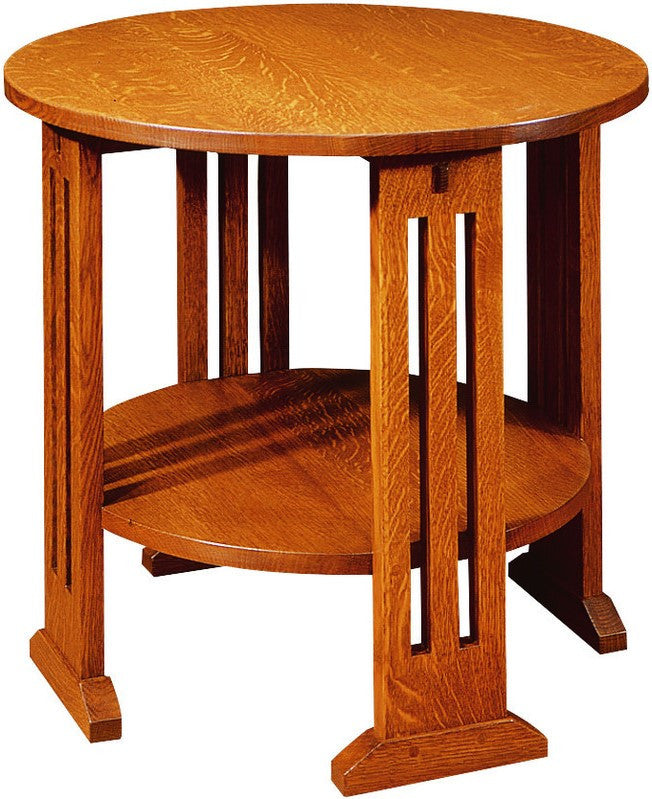 Wooden round side table with a shelf on a white background