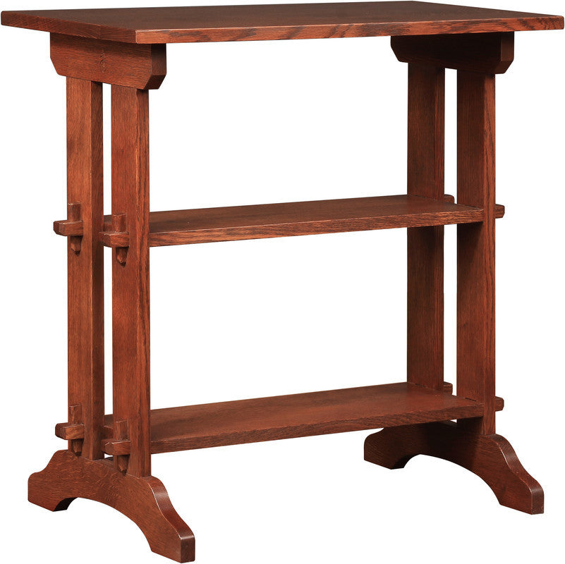 Wooden side table with two shelves on a white background