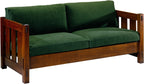 Wooden sofa with green cushions on a white background.