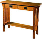 Stickley sofa and console table with two drawers and a bottom shelf. 