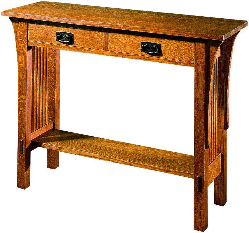 Stickley sofa and console table with two drawers and a bottom shelf. 