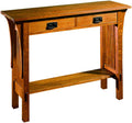 Stickley sofa and console table with two drawers and a bottom shelf. 