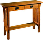 Stickley sofa and console table with two drawers and a bottom shelf. 