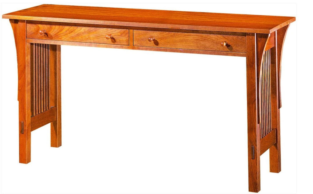 Wooden sofa table with two drawers and spindle legs. 