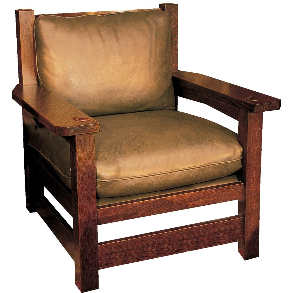 Brown leather armchair with wooden frame on a white background